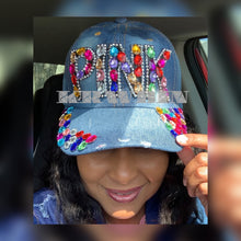 Load image into Gallery viewer, Denim Distressed Ball Cap Encrusted “PINK”
